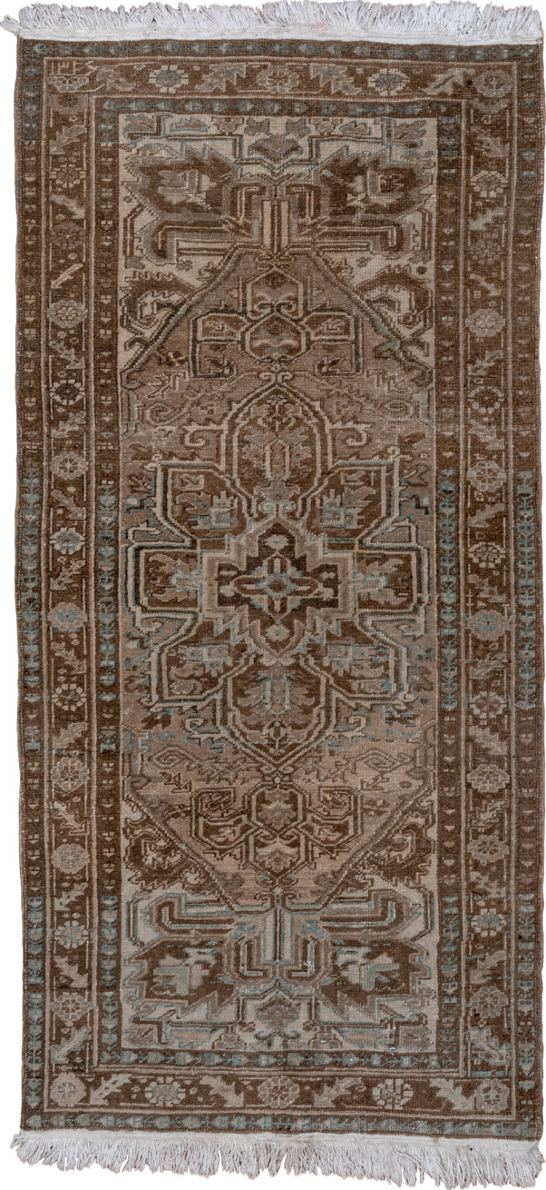 3' x 7' one-of-a-kind handmade vintage Heriz runner rug. Color palette: brown, dim gray, gray, light gray, off-white, silver