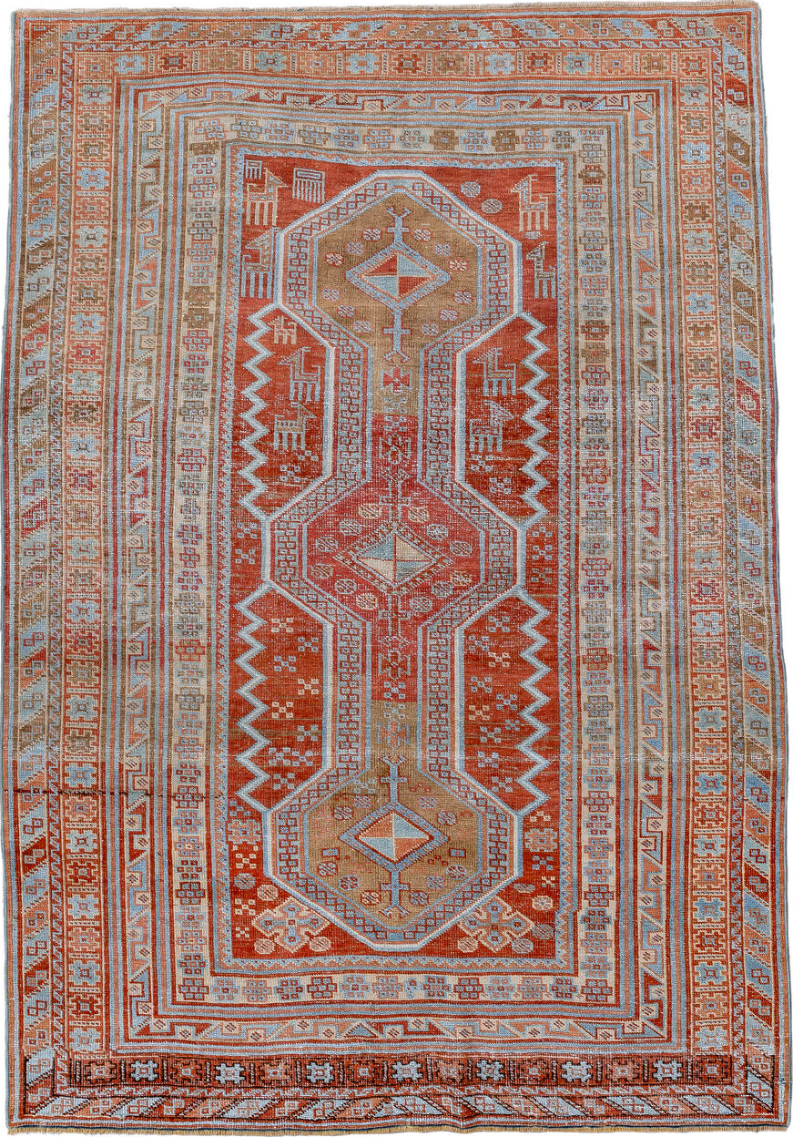 4' x 5' one-of-a-kind handmade vintage small size rug. Color palette: brown, dark red, gray, light blue, light gray, maroon