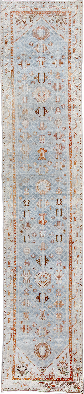 3' x 15' one-of-a-kind handmade vintage Malayer runner rug. Color palette: brown, gainsboro, gray, light gray, off-white