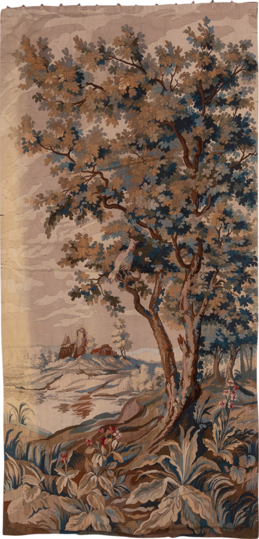 4' x 9' one-of-a-kind handmade vintage Tapestry runner rug. Color palette: black, brown, gray, light gray, pink