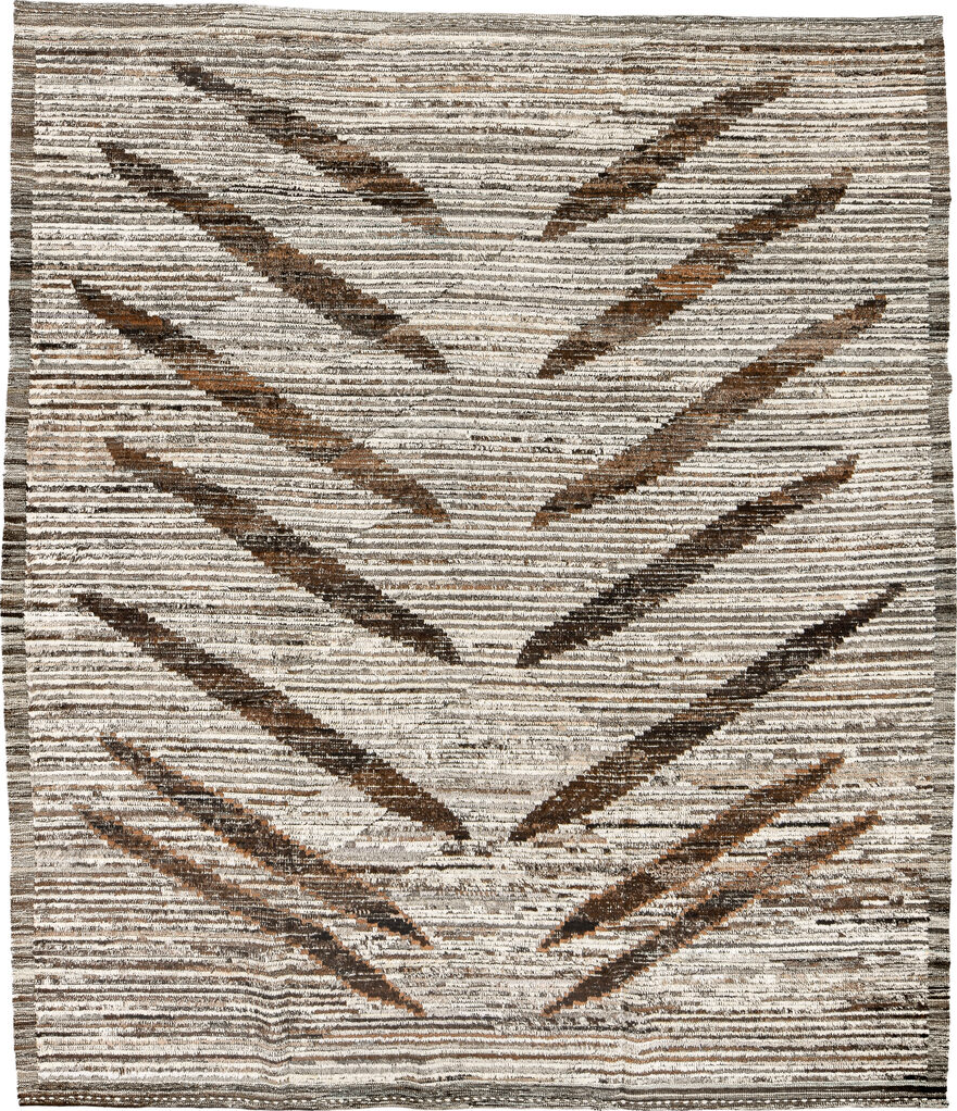 8' x 9' one-of-a-kind handmade vintage Tulu rug. Color palette: brown, gainsboro, gray, light gray, off-white, pink