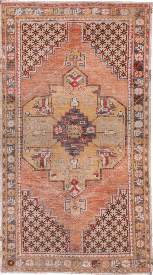 3' x 6' one-of-a-kind handmade vintage Oushak small size rug. Color palette: brown, gray, light gray, off-white, pink, red