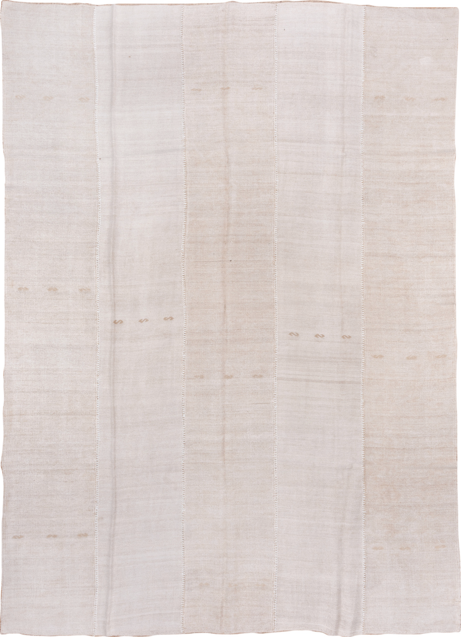 6' x 15' one-of-a-kind handmade vintage Hemp Kilim rug. Color palette: gainsboro, gray, light gray, linen, off-white, pink