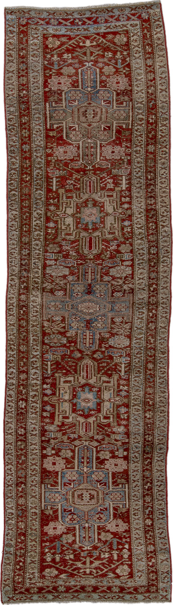 3' x 11' one-of-a-kind handmade vintage Karaje runner rug. Color palette: brown, gray, pink