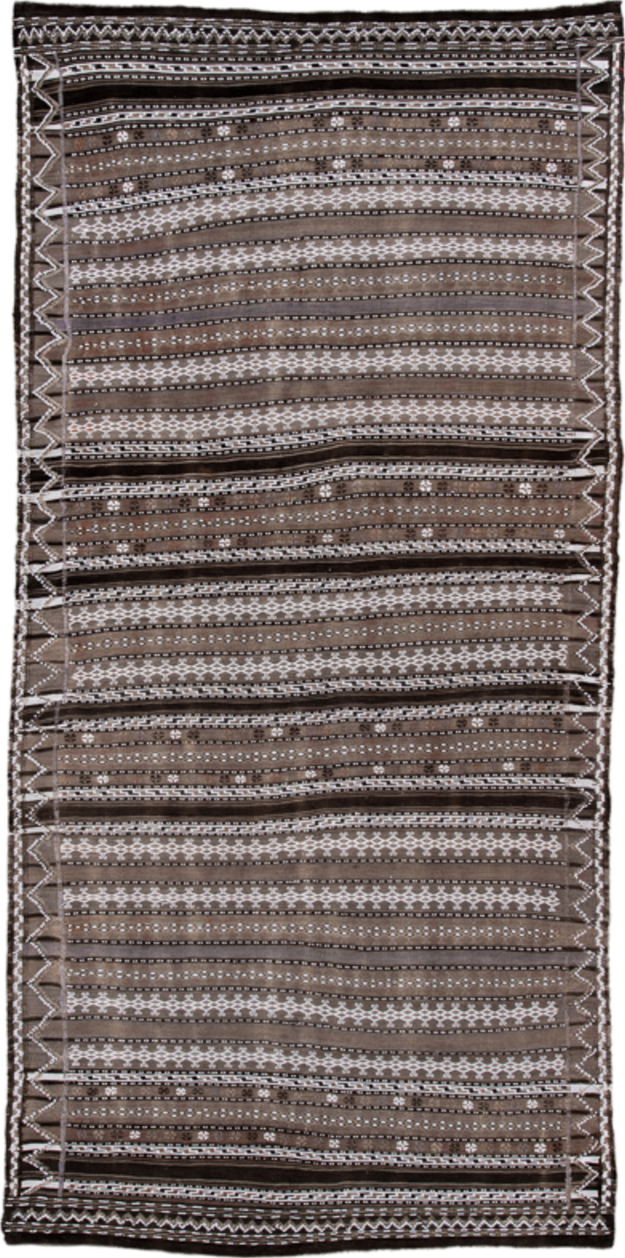 4' x 9' one-of-a-kind handmade vintage Kilim runner rug. Color palette: black, brown, charcoal, dark gray, gray, light gray