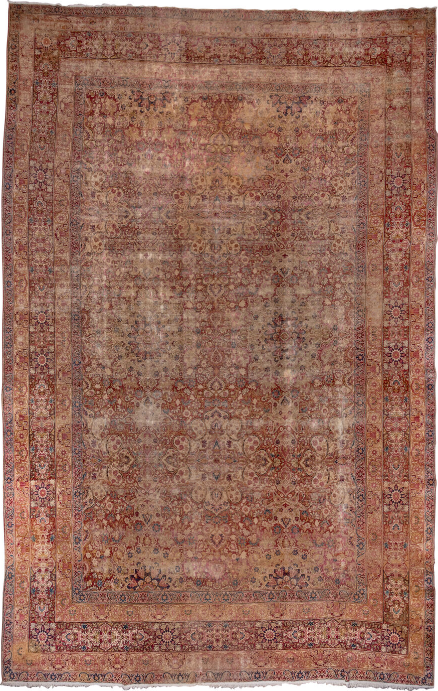 12' x 19' one-of-a-kind handmade vintage Lavar oversize rug. Color palette: brown, gray, light gray, off-white, pink, red