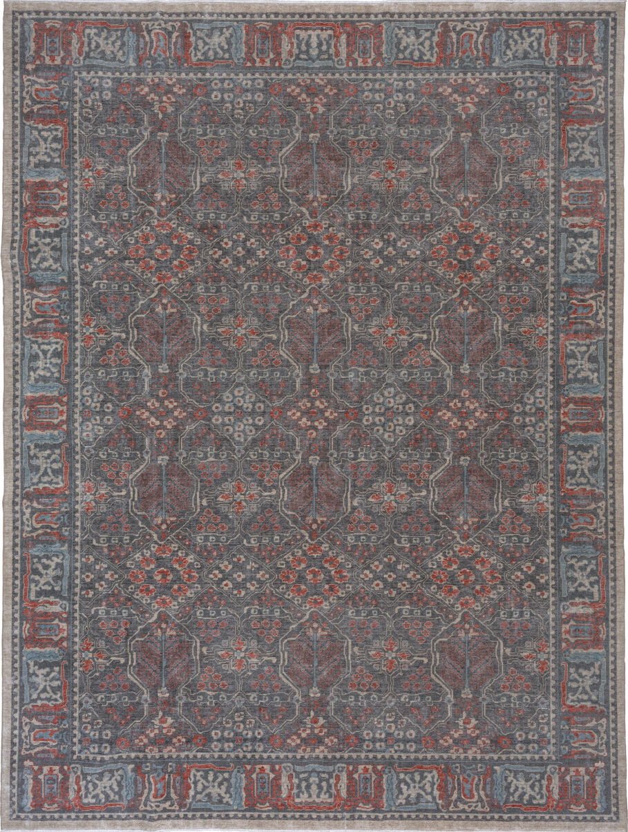 9' x 12' one-of-a-kind handmade vintage Machine large size rug. Color palette: black, brown, charcoal, dark gray, dim gray