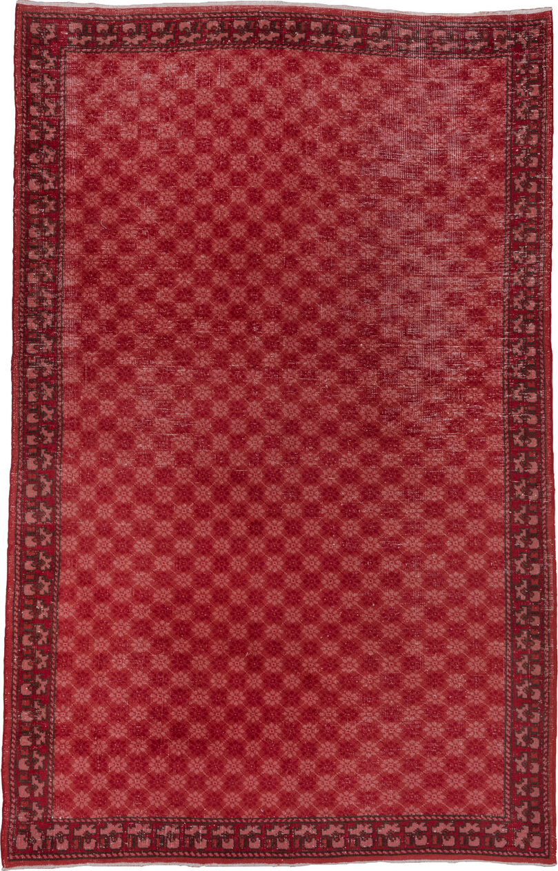 6' x 9' one-of-a-kind handmade vintage Oushak medium size rug. Color palette: brown, off-white, pink, red, redwood