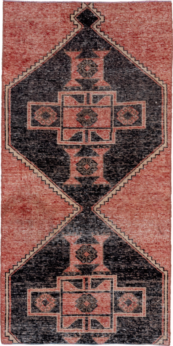 3' x 6' one-of-a-kind handmade vintage Oushak runner rug. Color palette: black, brown, charcoal, gray, light gray, pink