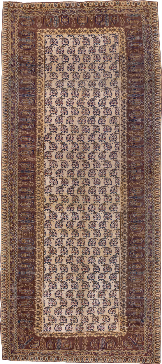 9' x 24' one-of-a-kind handmade vintage Amritzar rug. Color palette: blue, brown, gray, light gray, off-white, orange, pink