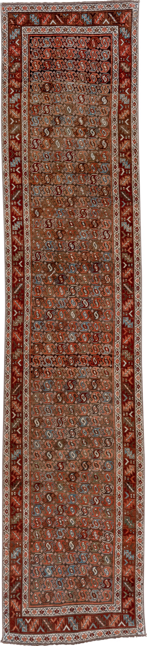 3' x 14' one-of-a-kind handmade vintage Malayer runner rug. Color palette: brown, dim gray, gray, light gray, off-white