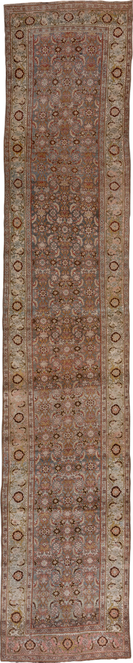 3' x 17' one-of-a-kind handmade vintage Bidjar runner rug. Color palette: brown, gray, light gray, off-white, pink, snow