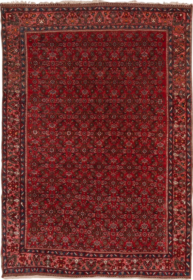 5' x 7' one-of-a-kind handmade vintage Bidjar rug. Color palette: brown, gray, pink, red, redwood, rosy brown