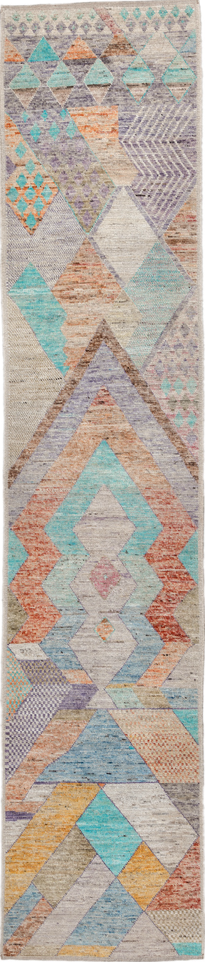 2' x 12' one-of-a-kind handmade vintage Tulu runner rug. Color palette: blue, brown, green, gray, off-white, light gray