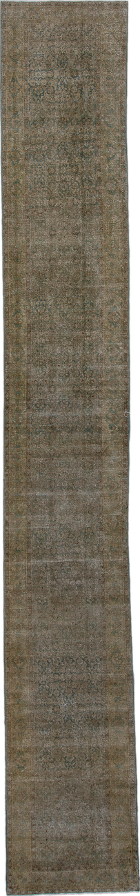 2' x 15' one-of-a-kind handmade vintage Tabriz runner rug. Color palette: dim gray, gray, light gray, off-white, silver
