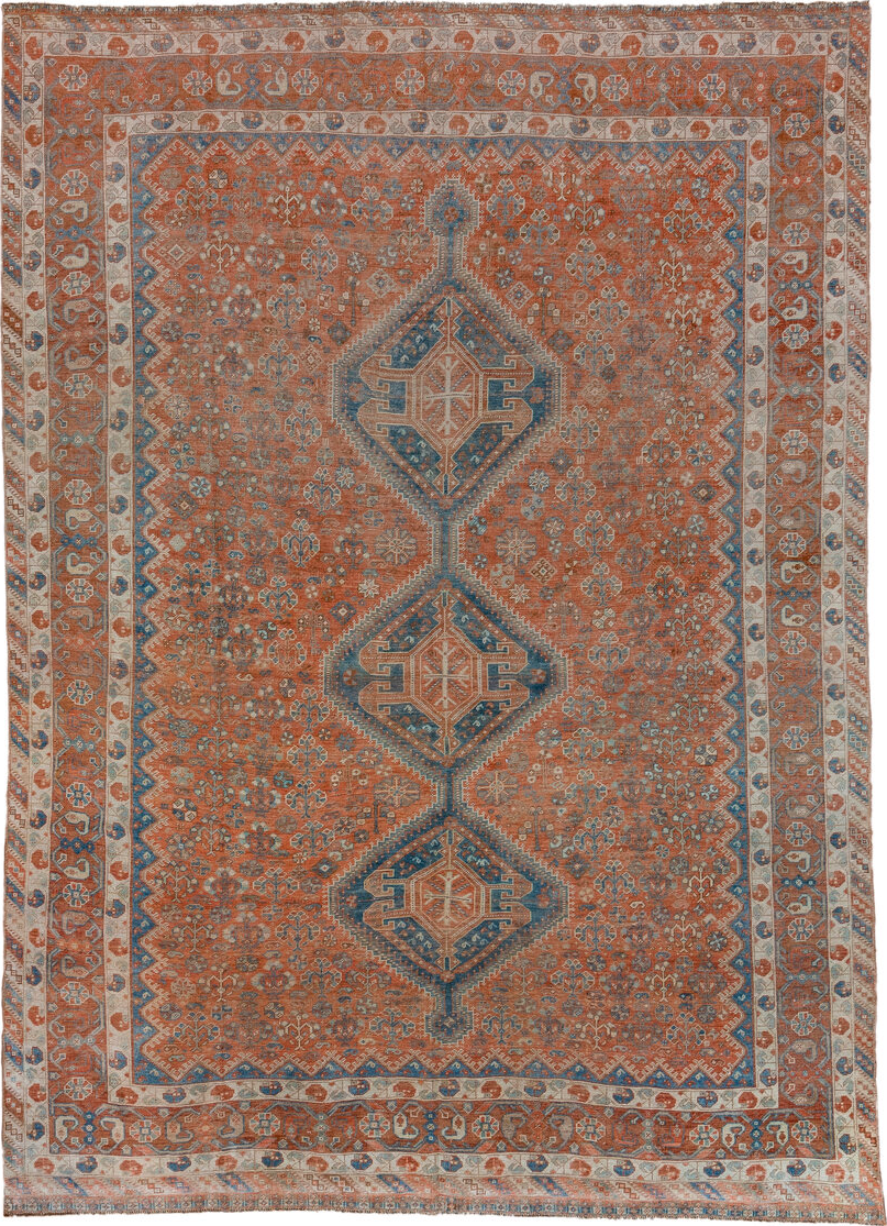 7' x 10' one-of-a-kind handmade vintage Shiraz large size rug. Color palette: blue, brown, gray, light gray, off-white, pink