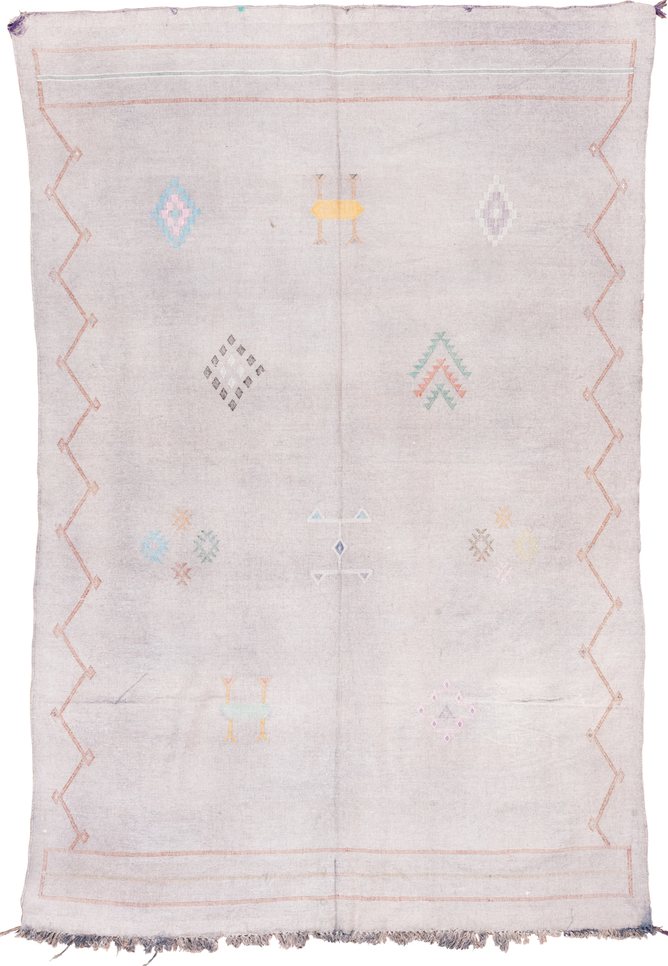 5' x 9' one-of-a-kind handmade vintage Cactus Kilim medium size rug. Color palette: brown, gainsboro, gray, lavender blush