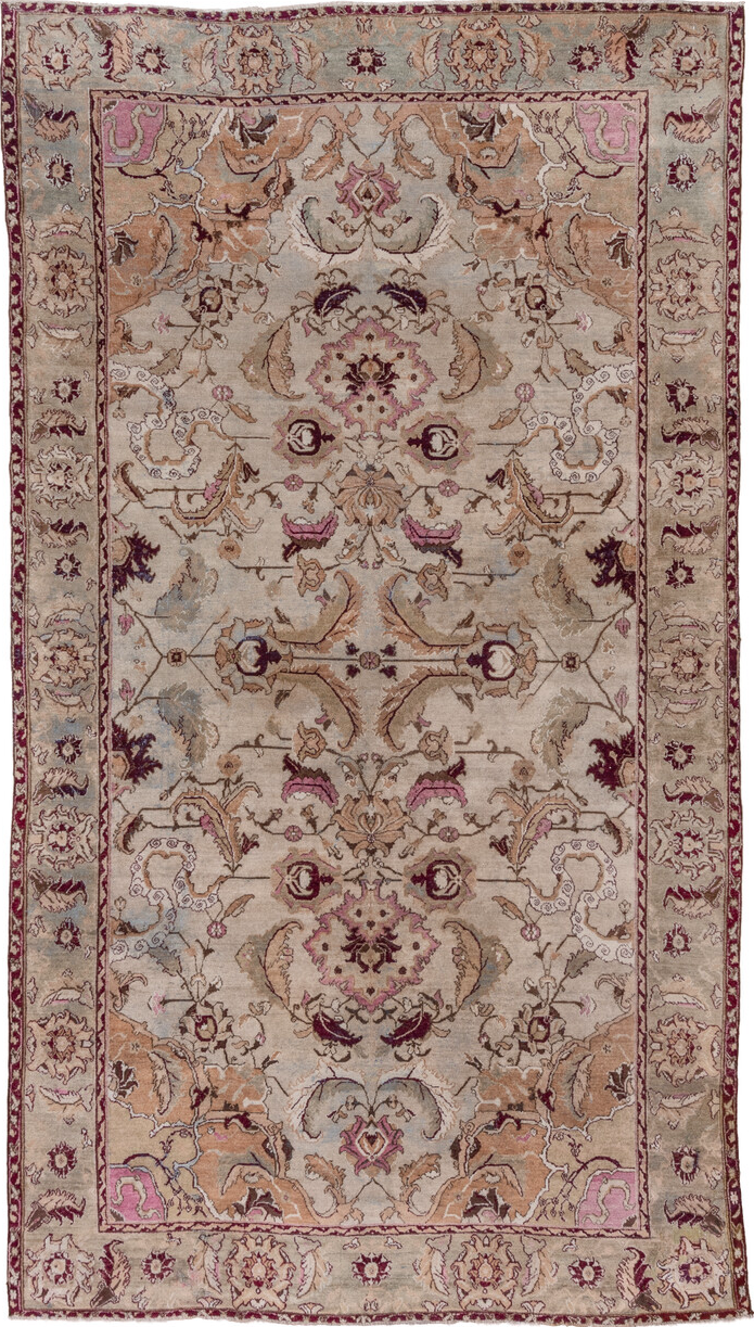 6' x 12' one-of-a-kind handmade vintage Agra large size rug. Color palette: brown, gray, light gray, off-white, pink, red
