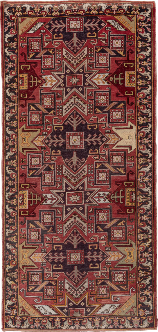 5' x 10' one-of-a-kind handmade vintage Oushak runner rug. Color palette: brown, gray, pink, red, redwood