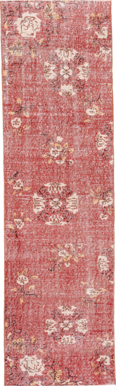 2' x 8' one-of-a-kind handmade vintage Oushak runner rug. Color palette: brown, off-white, orange, pink, red, redwood