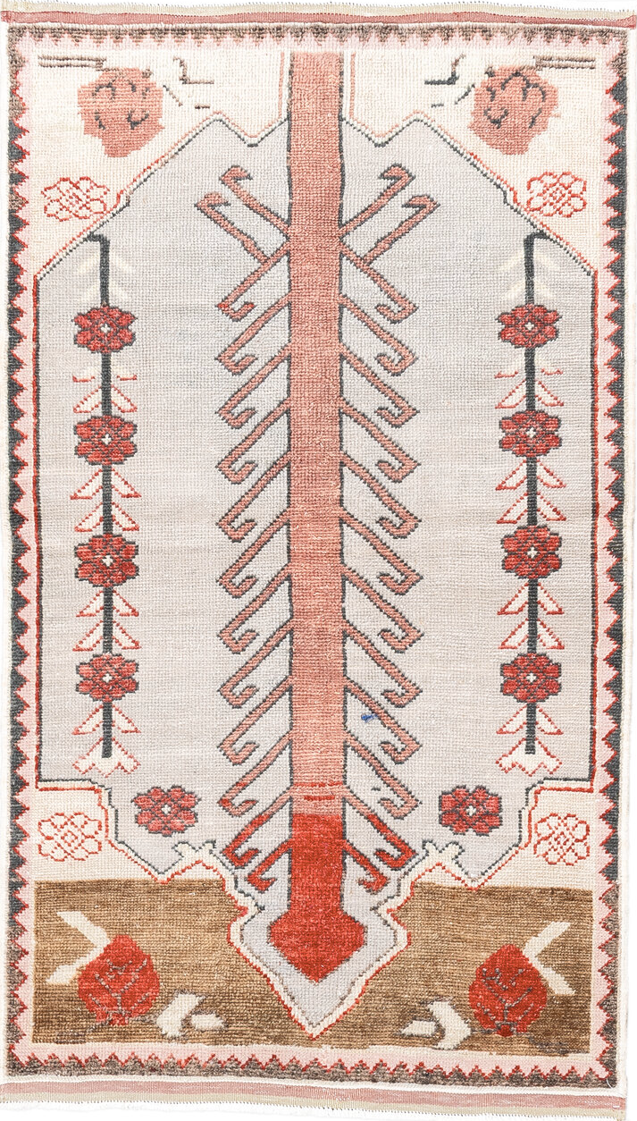 2' x 4' one-of-a-kind handmade vintage Anatol small size rug. Color palette: antiquewhite, black, brown, dim gray, gainsboro