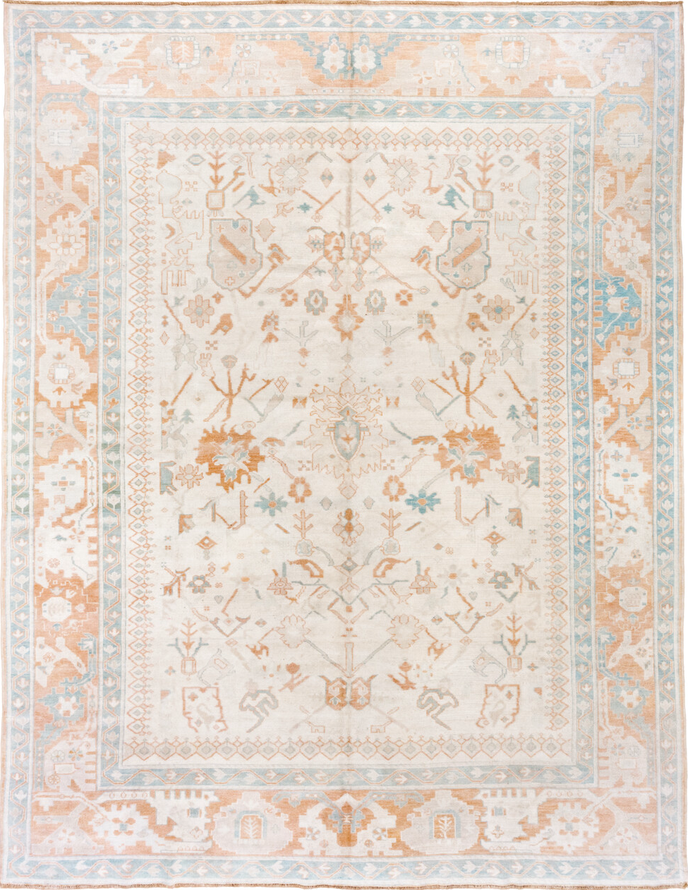 10' x 13' one-of-a-kind handmade vintage Oushak large size rug. Color palette: blue, brown, gainsboro, gray, light gray