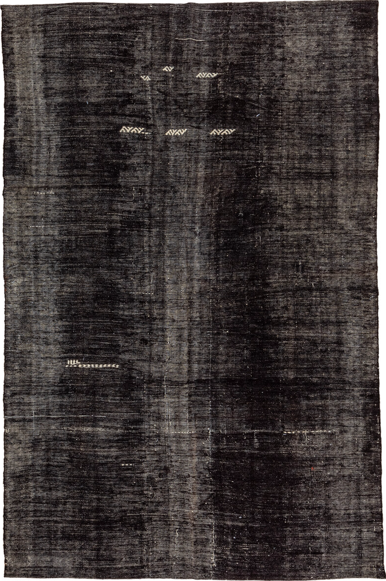 6' x 10' one-of-a-kind handmade vintage Kilim large size rug. Color palette: black, charcoal, dim gray, gray, light gray