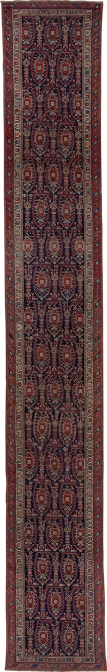 2' x 17' one-of-a-kind handmade vintage NW Persian runner rug. Color palette: blue, brown, gray, off-white, pink, red