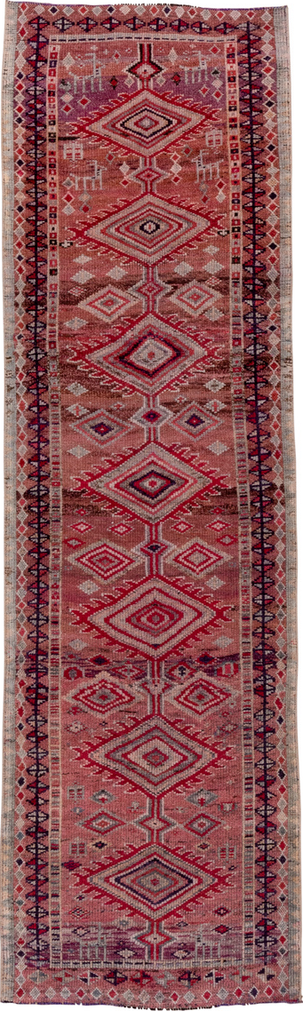 2' x 10' one-of-a-kind handmade vintage Oushak runner rug. Color palette: brown, gray, pink, red, rosy brown