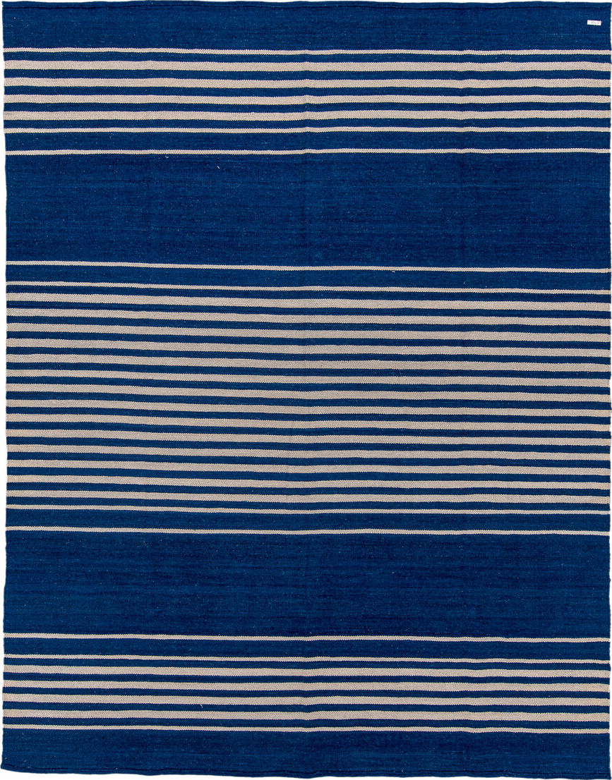 7' x 9' one-of-a-kind handmade vintage Kilim rug. Color palette: blue, gainsboro, gray, light blue, light gray, off-white