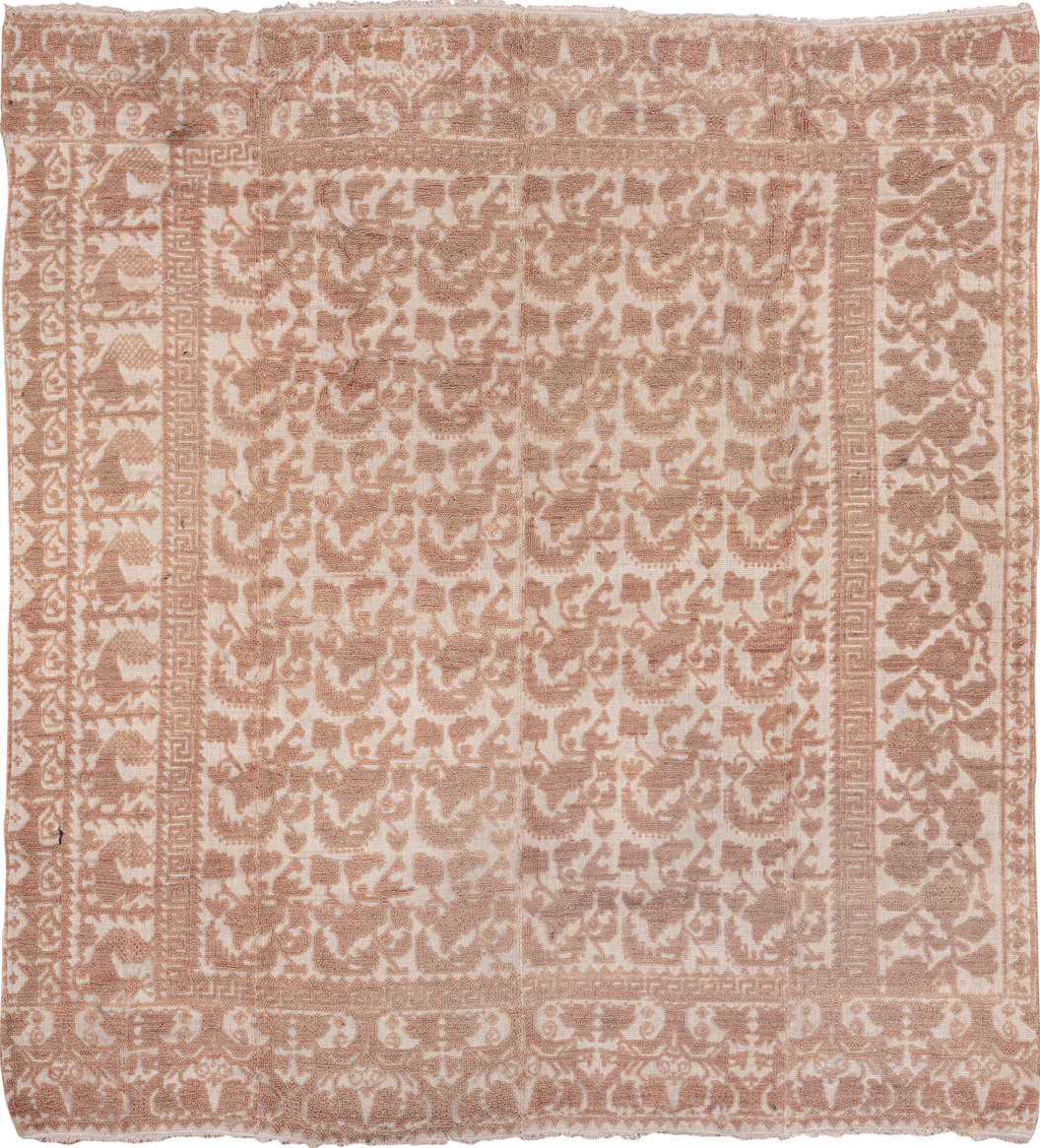 6' x 7' one-of-a-kind handmade vintage Spanish rug. Color palette: brown, gray, light gray, off-white, orange, pink