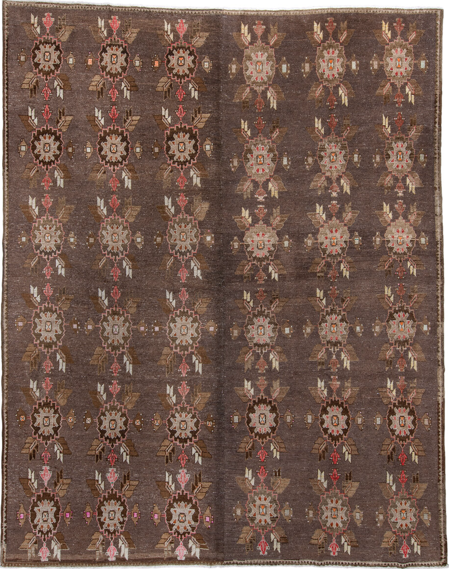 10' x 12' one-of-a-kind handmade vintage Sparta large size rug. Color palette: brown, gray, light gray, off-white, pink, red