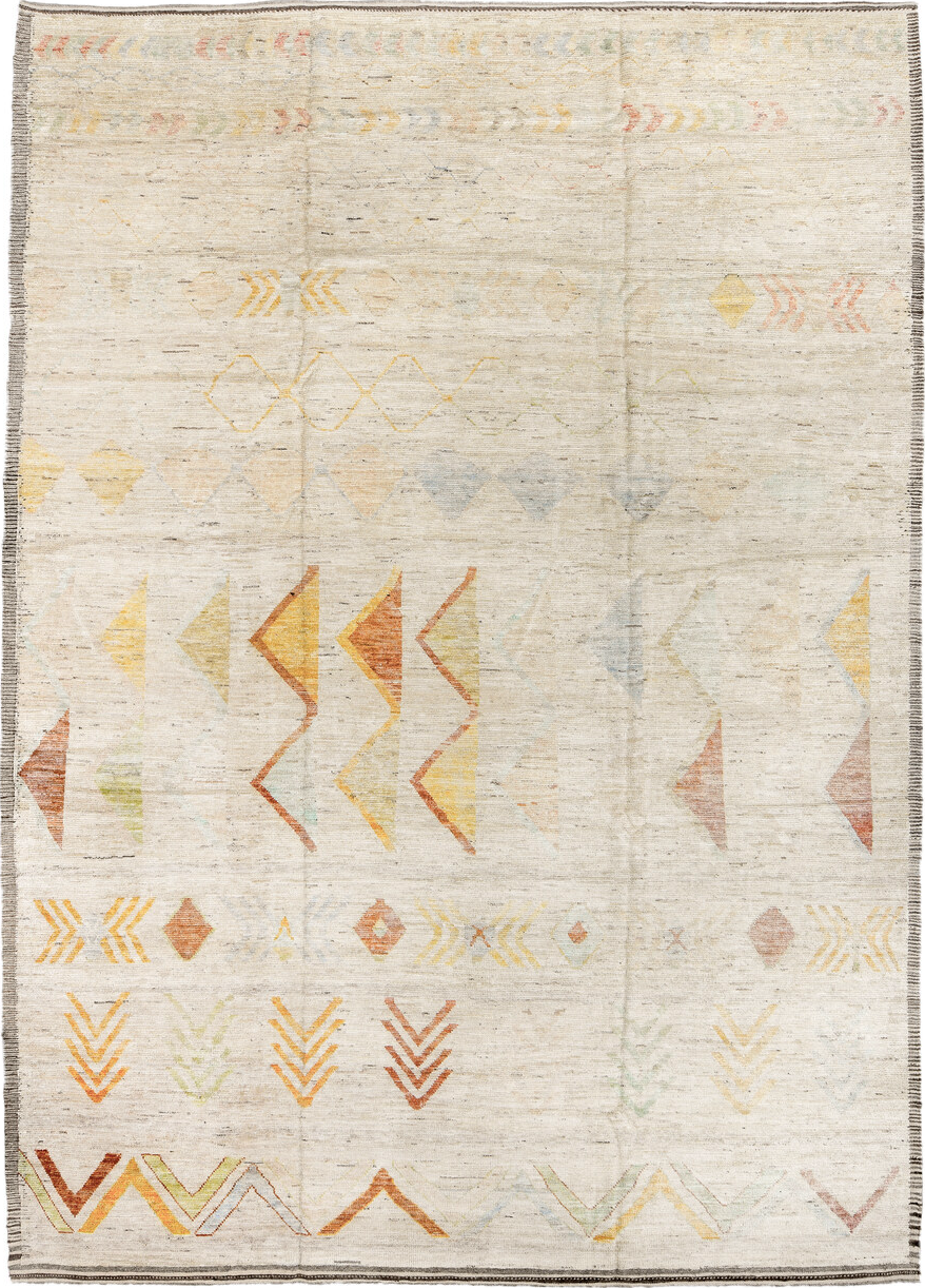 10' x 14' one-of-a-kind handmade vintage Tulu large size rug. Color palette: antiquewhite, brown, gainsboro, gray