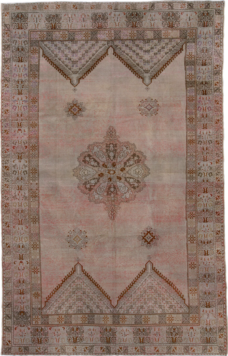 8' x 13' one-of-a-kind handmade vintage Moroccan large size rug. Color palette: black, brown, gray, light gray, pink
