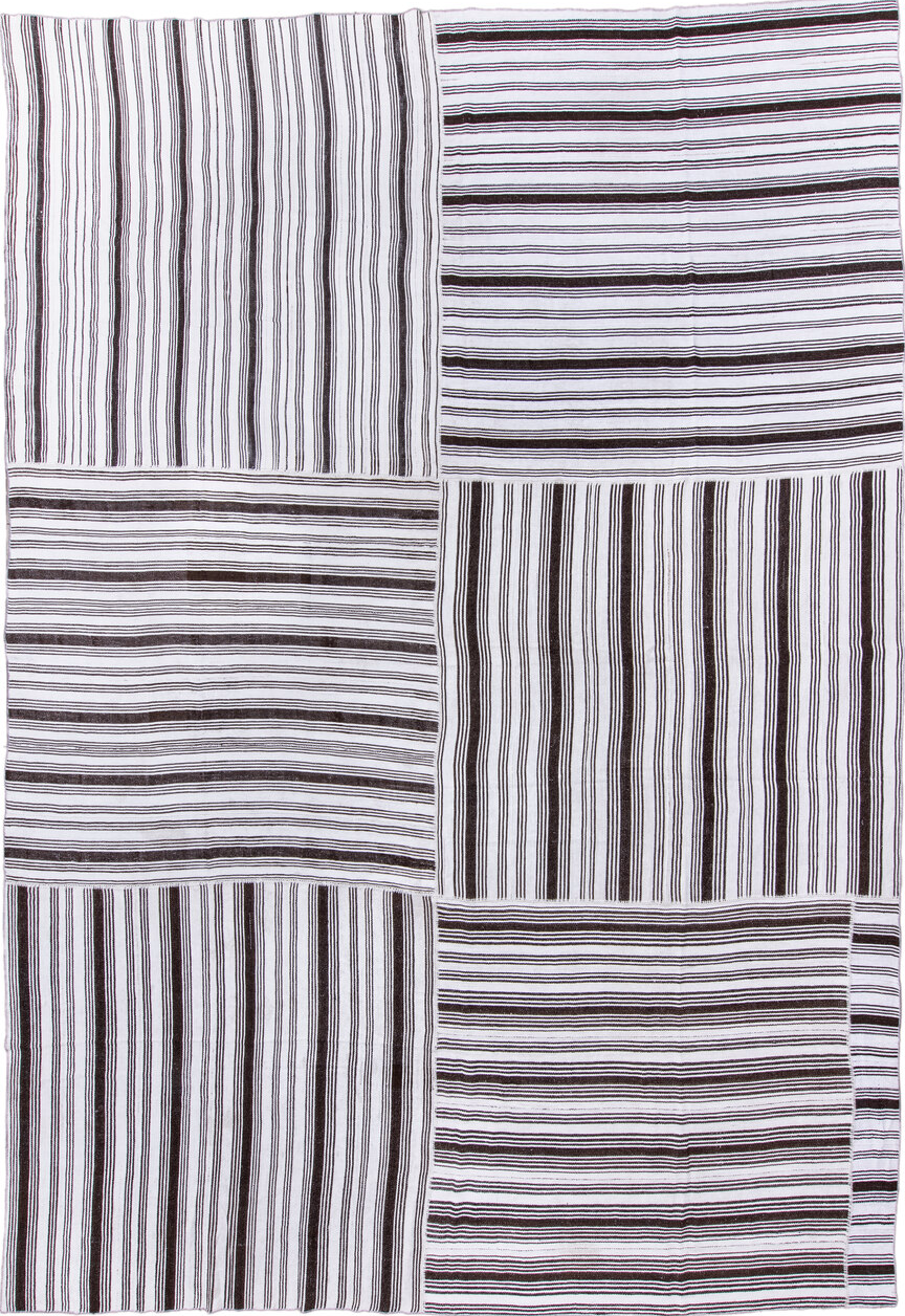 12' x 18' one-of-a-kind handmade vintage Flatweave oversize rug. Color palette: alice blue, blue, brown, dim gray, gainsboro