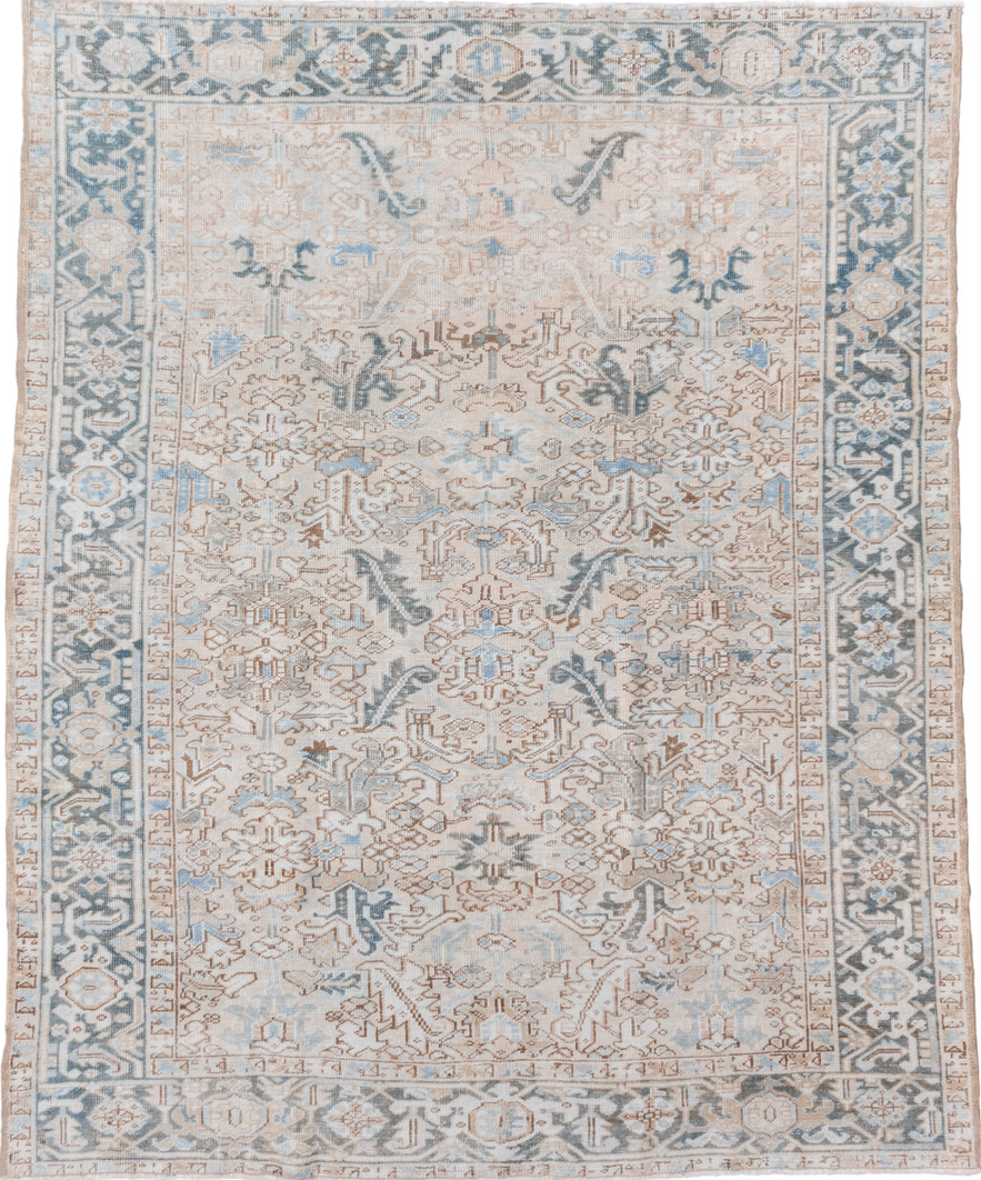 7' x 8' one-of-a-kind handmade vintage Heriz rug. Color palette: blue, dark gray, dim gray, gainsboro, gray, light blue