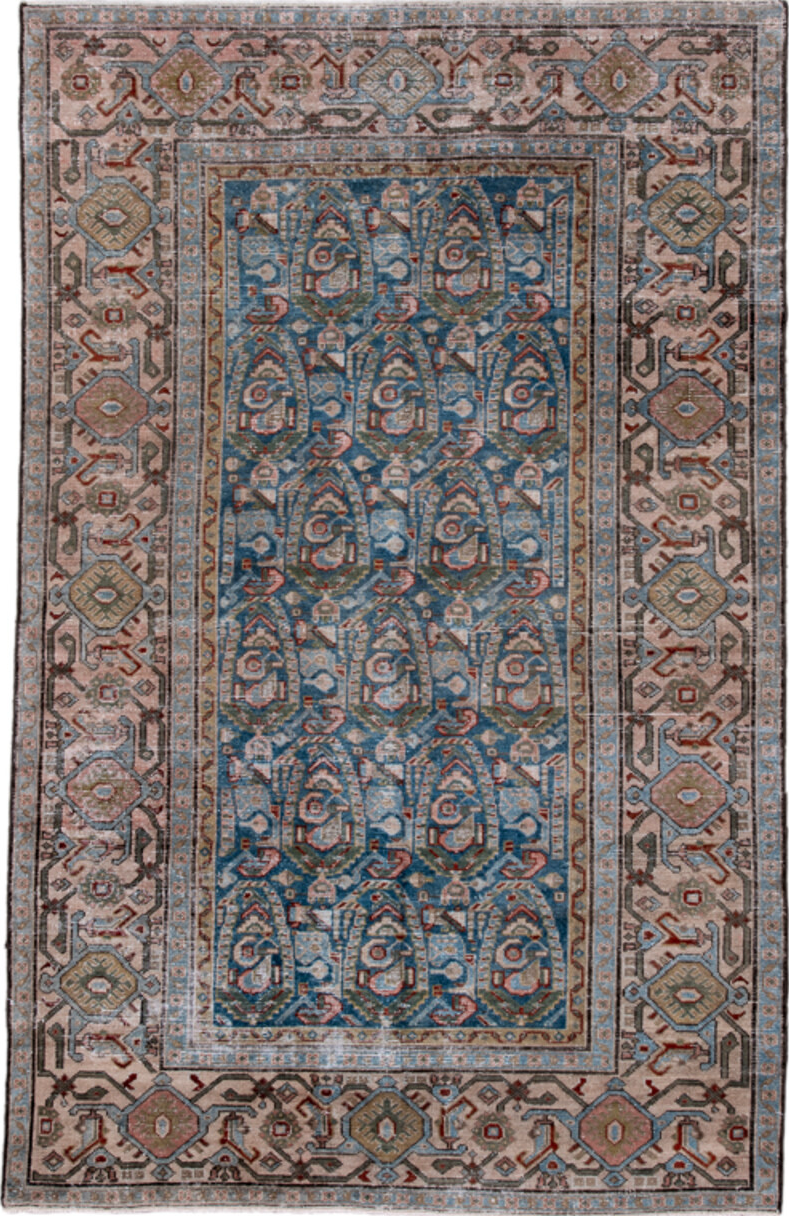 4' x 6' one-of-a-kind handmade vintage Malayer small size rug. Color palette: arapawa, black, blue, brown, charcoal