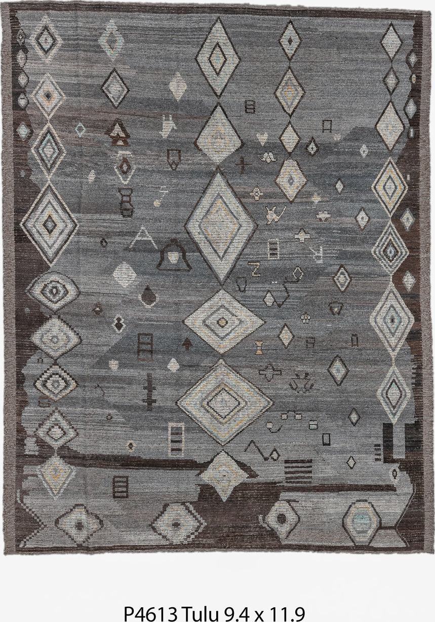 9' x 11' one-of-a-kind handmade vintage Tulu large size rug. Color palette: black, blue, brown, charcoal, dark gray