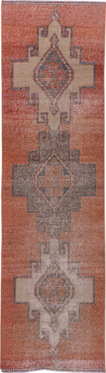 3' x 10' one-of-a-kind handmade vintage Oushak runner rug. Color palette: brown, gray, light gray, pink