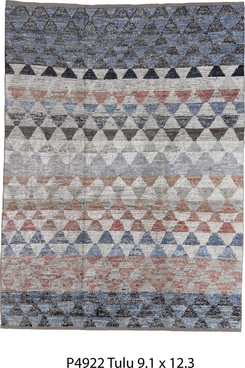9' x 12' one-of-a-kind handmade vintage Tulu large size rug. Color palette: black, brown, gray, light gray, off-white, pink