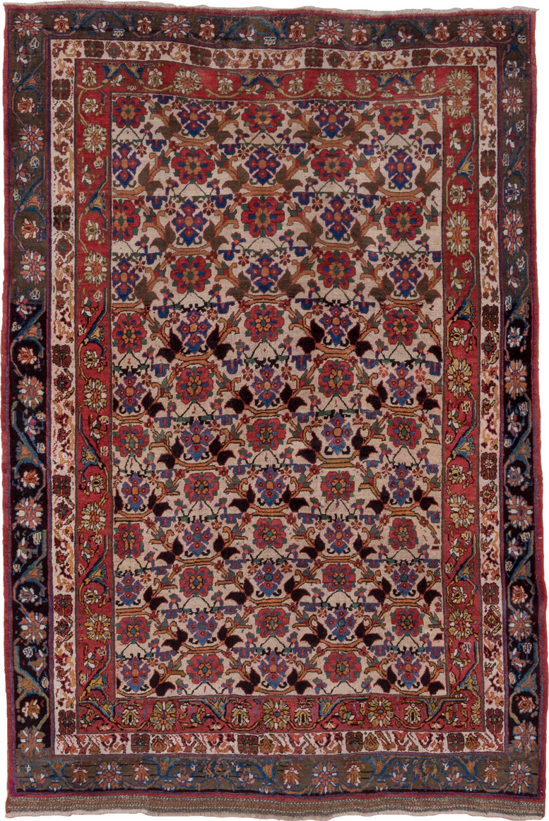 5' x 7' one-of-a-kind handmade vintage Bidjar rug. Color palette: brown, gray, pink, blue, black, red, light gray, fiord
