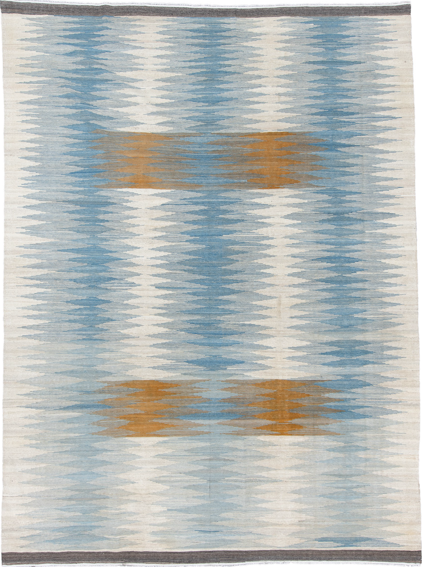 8' x 11' one-of-a-kind handmade vintage Kilim large size rug. Color palette: brown, dark gray, dim gray, gray, light blue