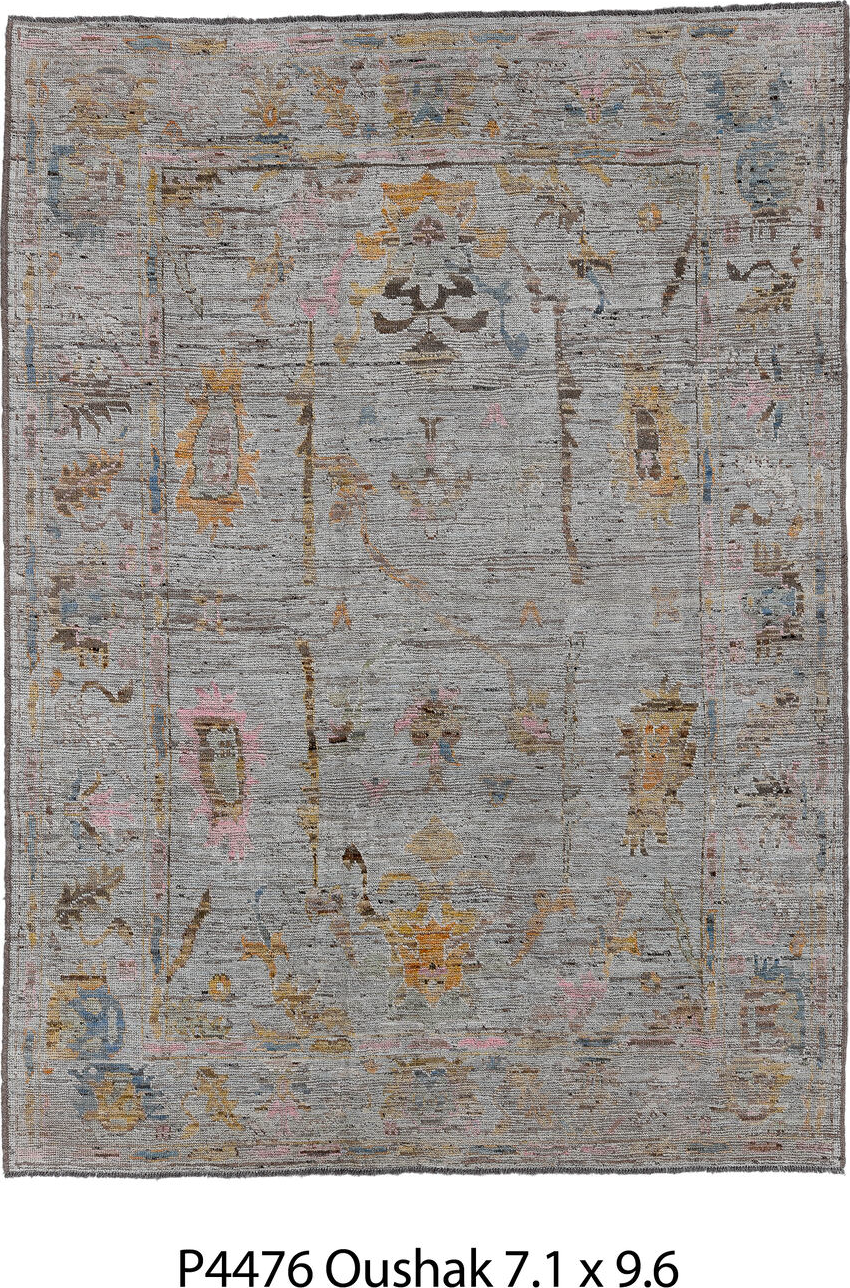 7' x 9' one-of-a-kind handmade vintage Oushak rug. Color palette: black, brown, charcoal, dim gray, gray, light gray