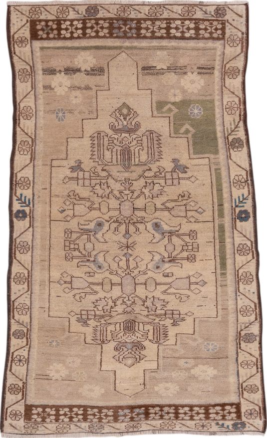 3' x 5' one-of-a-kind handmade vintage Oushak small size rug. Color palette: brown, dim gray, gray, light gray, off-white