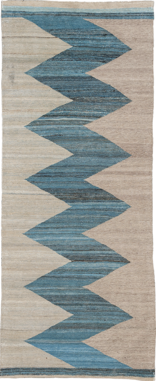 2' x 6' one-of-a-kind handmade vintage Kilim runner rug. Color palette: gray, light blue, light gray, blue, off-white, black