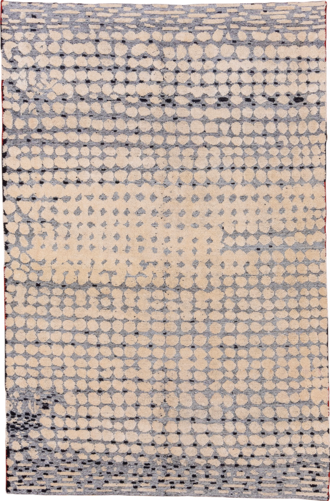 5' x 8' one-of-a-kind handmade vintage Modern medium size rug. Color palette: black, blue, brown, dark gray, dim gray, gray