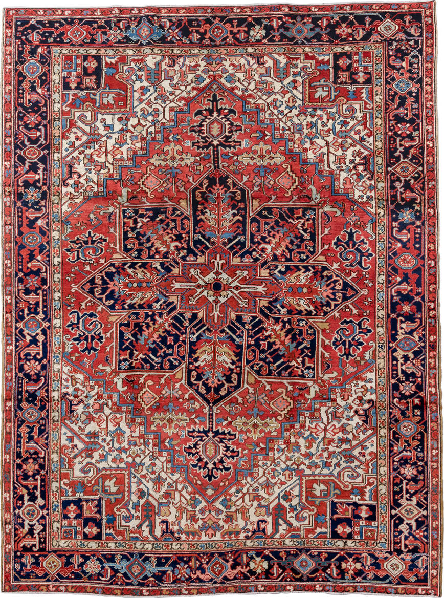 7' x 9' one-of-a-kind handmade vintage Heriz rug. Color palette: blue, brown, dark gray, fiord, gray, light gray, off-white