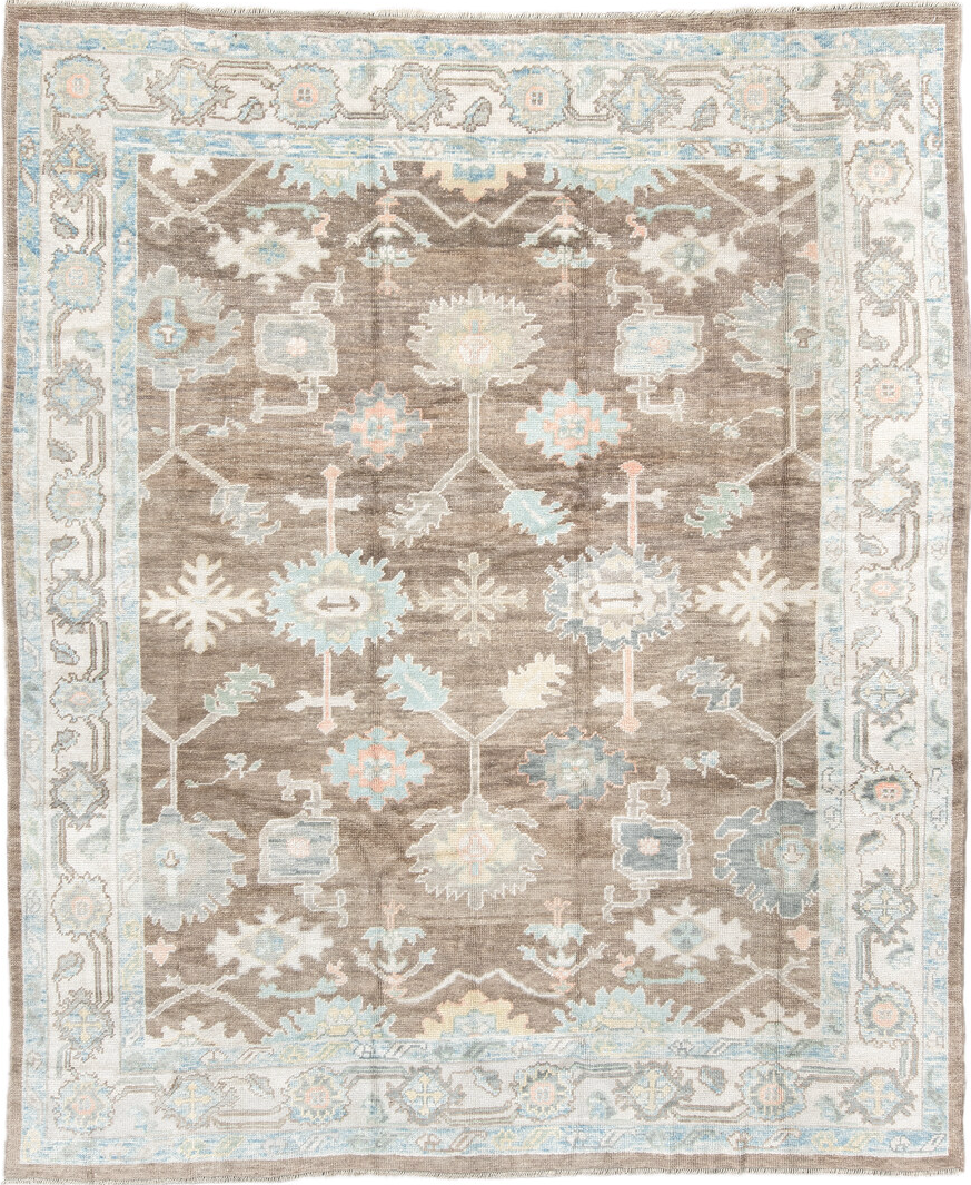 8' x 10' one-of-a-kind handmade vintage Oushak large size rug. Color palette: off-white, gray, light gray, pink, light blue
