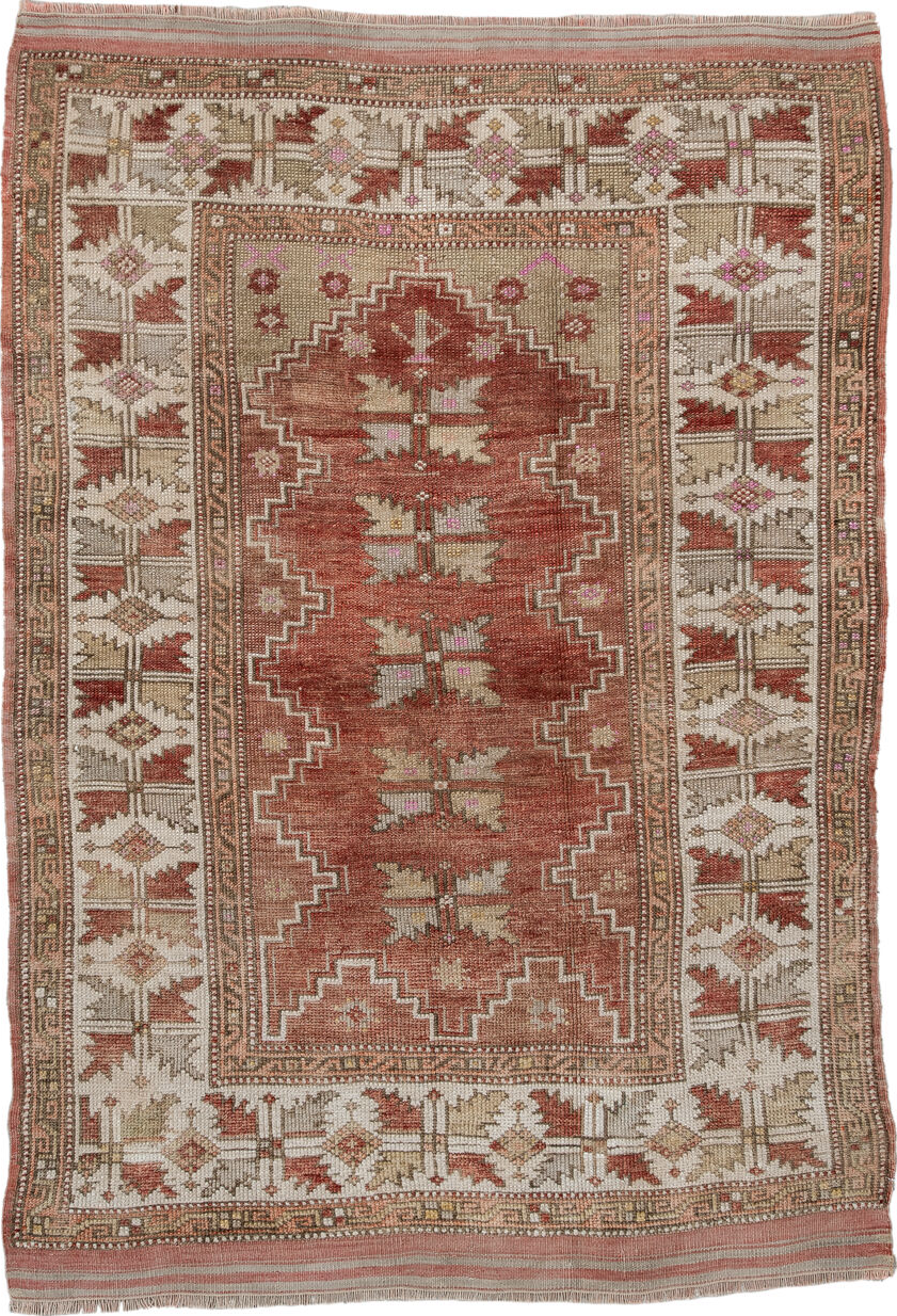 3' x 5' one-of-a-kind handmade vintage Anatol small size rug. Color palette: brown, gray, light gray, off-white, pink, red