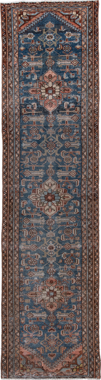 2' x 9' one-of-a-kind handmade vintage Hamadan runner rug. Color palette: blue, brown, dark gray, dim gray, fiord, gray